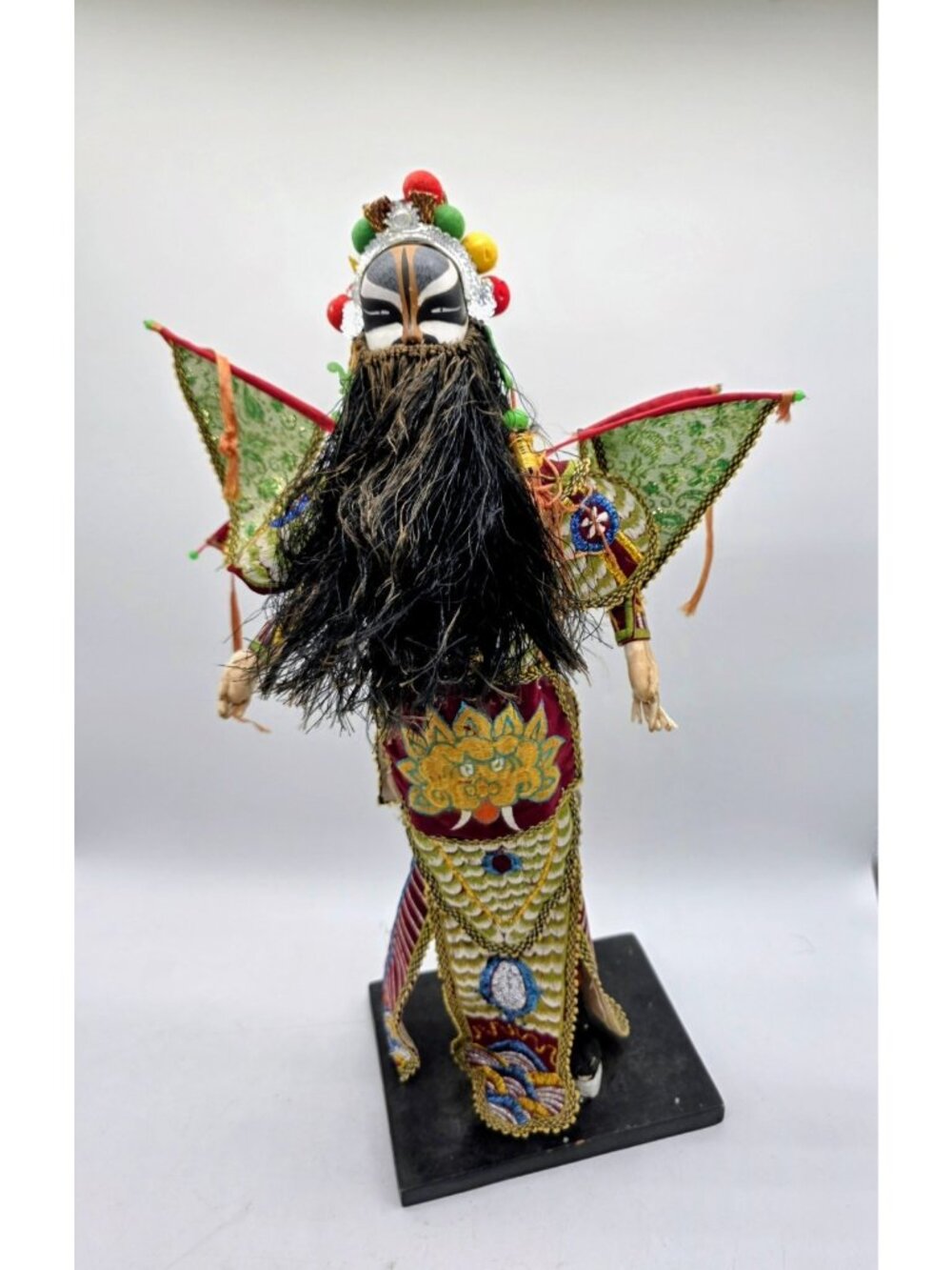 Vintage Large Chinese Opera Bearded Warrior Doll Dragon Accents Folk Art Figure